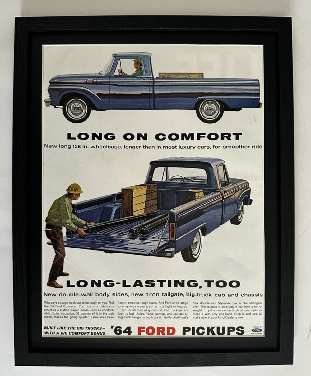Framed 1964 Print Ad Ford Tough Pickup Trucks Workers Long on Comfort